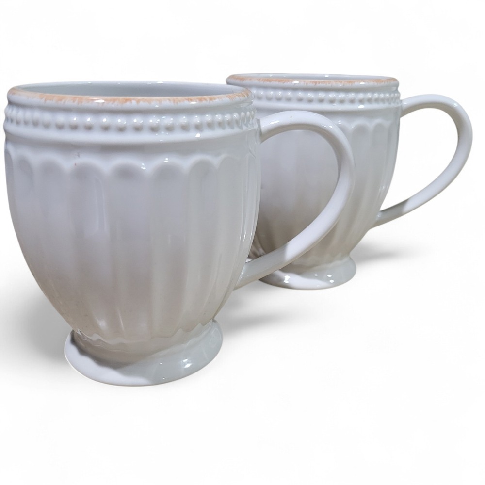 Lenox French Perle Groove White Mugs Set of 2 Embossed Beaded Rim 12oz